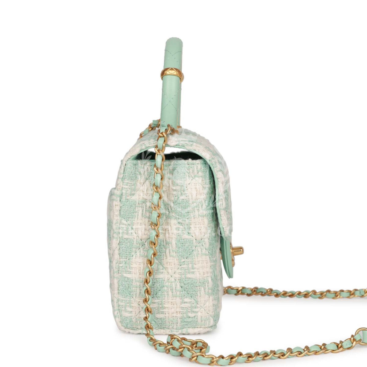 Chanel Mini Square Flap with Top Handle Turquoise and Ecru Tweed Antique Gold Hardware — изображение 3