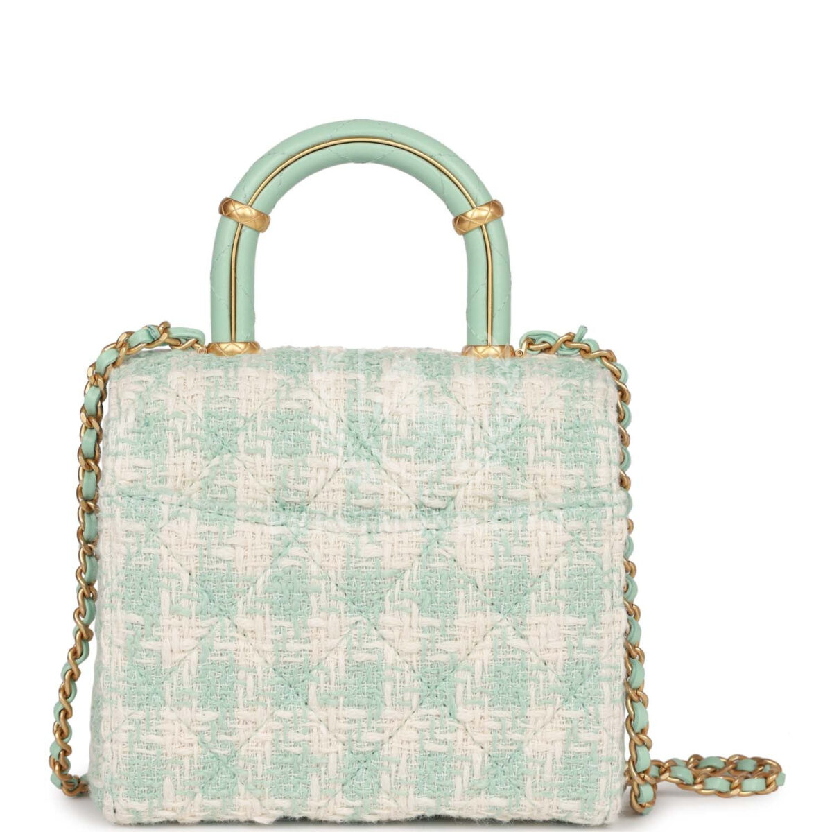 Chanel Mini Square Flap with Top Handle Turquoise and Ecru Tweed Antique Gold Hardware — изображение 4