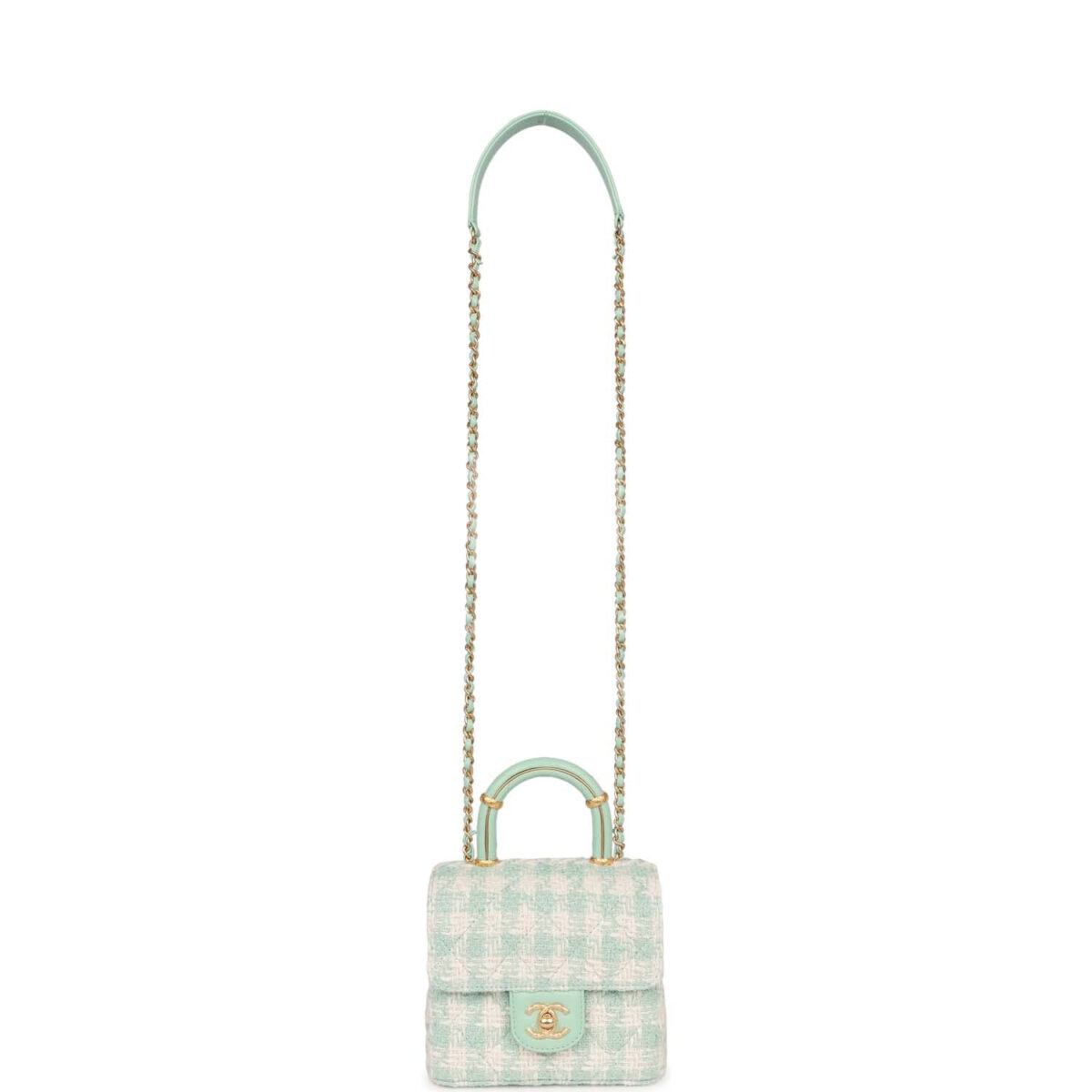 Chanel Mini Square Flap with Top Handle Turquoise and Ecru Tweed Antique Gold Hardware — изображение 7