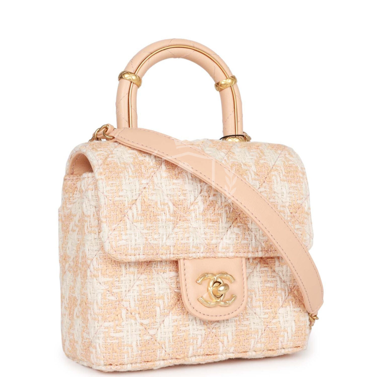 Chanel Mini Square Flap with Top Handle Light Orange and Ecru Tweed Antique Gold Hardware — изображение 2