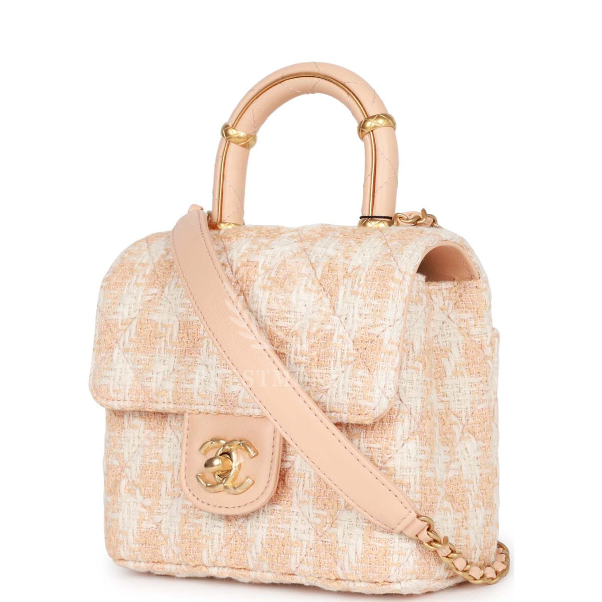 Chanel Mini Square Flap with Top Handle Light Orange and Ecru Tweed Antique Gold Hardware — изображение 5