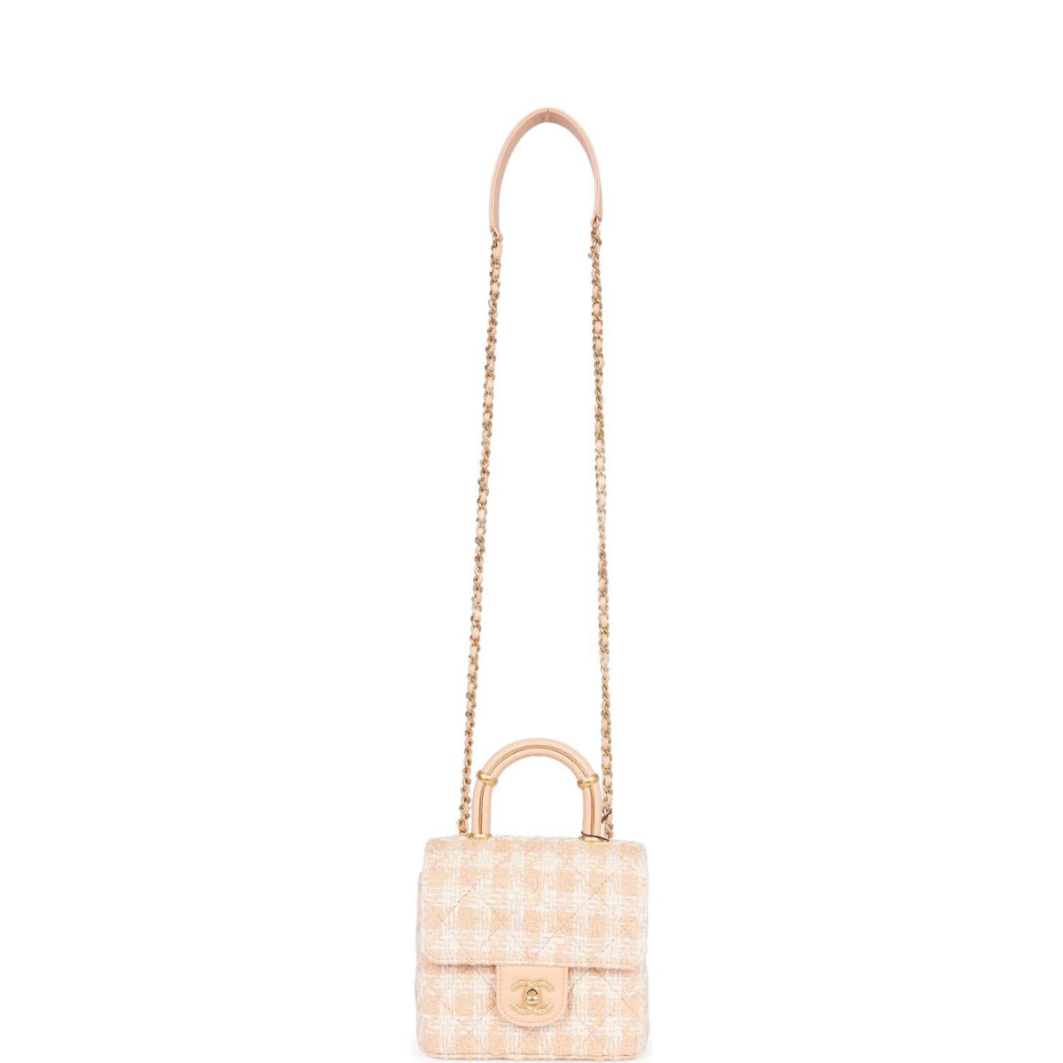 Chanel Mini Square Flap with Top Handle Light Orange and Ecru Tweed Antique Gold Hardware — изображение 7