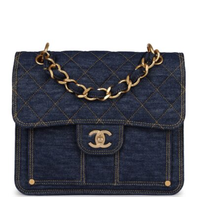 Chanel Square Flap Backpack Blue Denim Antique Gold Hardware