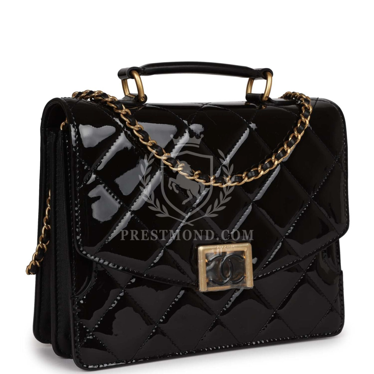 Chanel Accordion Pushlock Top Handle Flap Bag Black Patent Leather Aged Gold Hardware — изображение 2