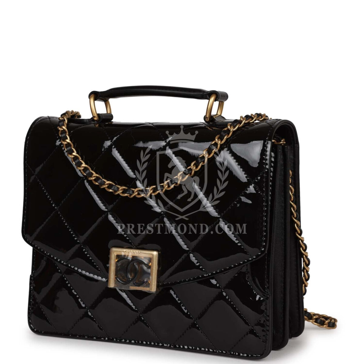 Chanel Accordion Pushlock Top Handle Flap Bag Black Patent Leather Aged Gold Hardware — изображение 5