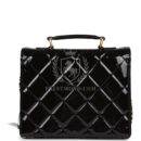 Chanel Accordion Pushlock Top Handle Flap Bag Black Patent Leather Aged Gold Hardware