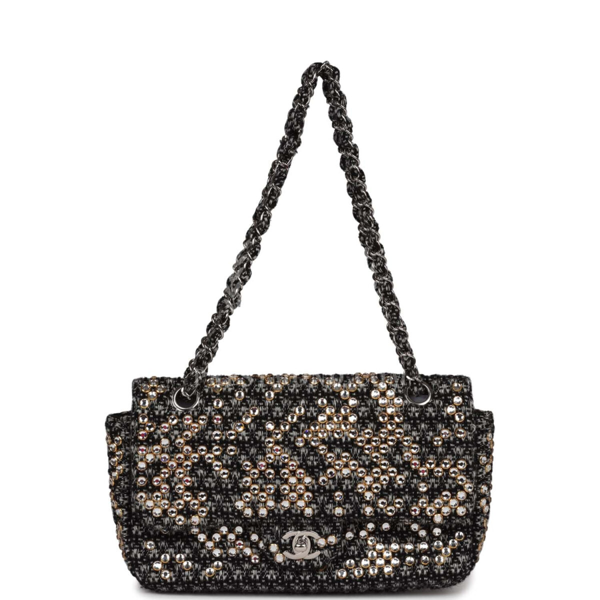 Chanel Medium Single Flap Black and White Tweed With Crystals Silver Hardware — изображение 7