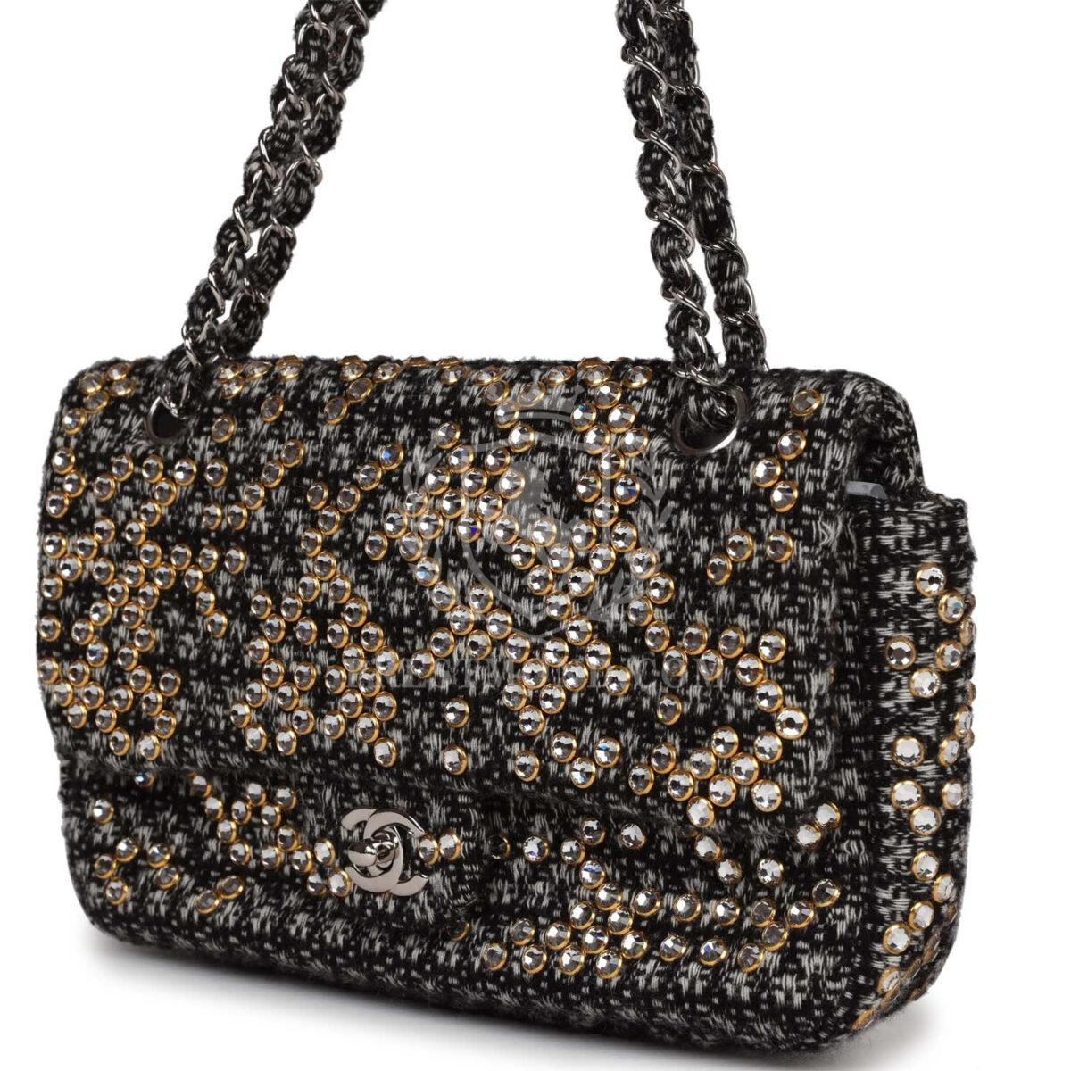 Chanel Medium Single Flap Black and White Tweed With Crystals Silver Hardware — изображение 5