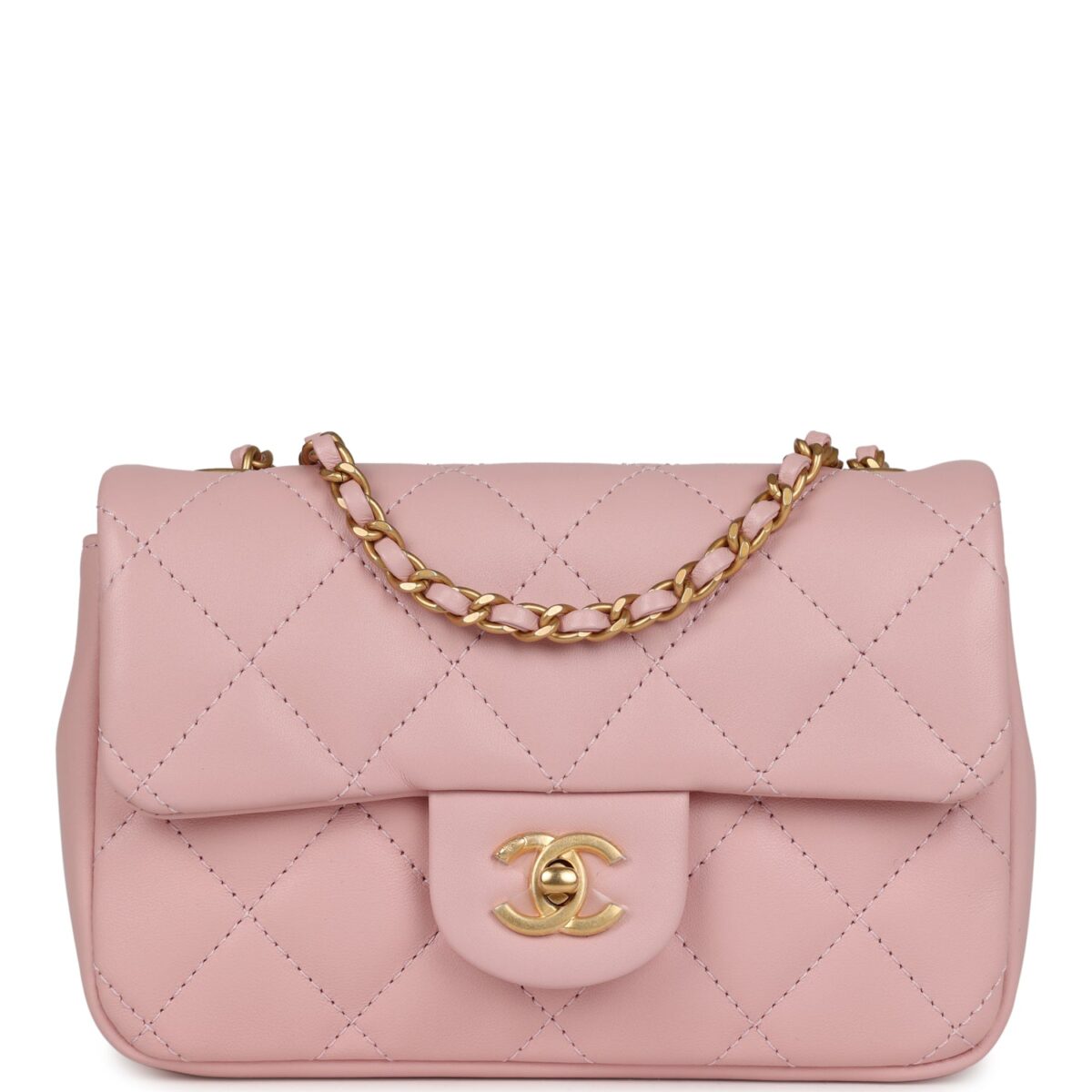 Chanel Mini Rectangular Flap Bag with Heart Chain Pink Lambskin Brushed Gold Hardware
