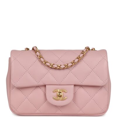 Chanel Mini Rectangular Flap Bag with Heart Chain Pink Lambskin Brushed Gold Hardware