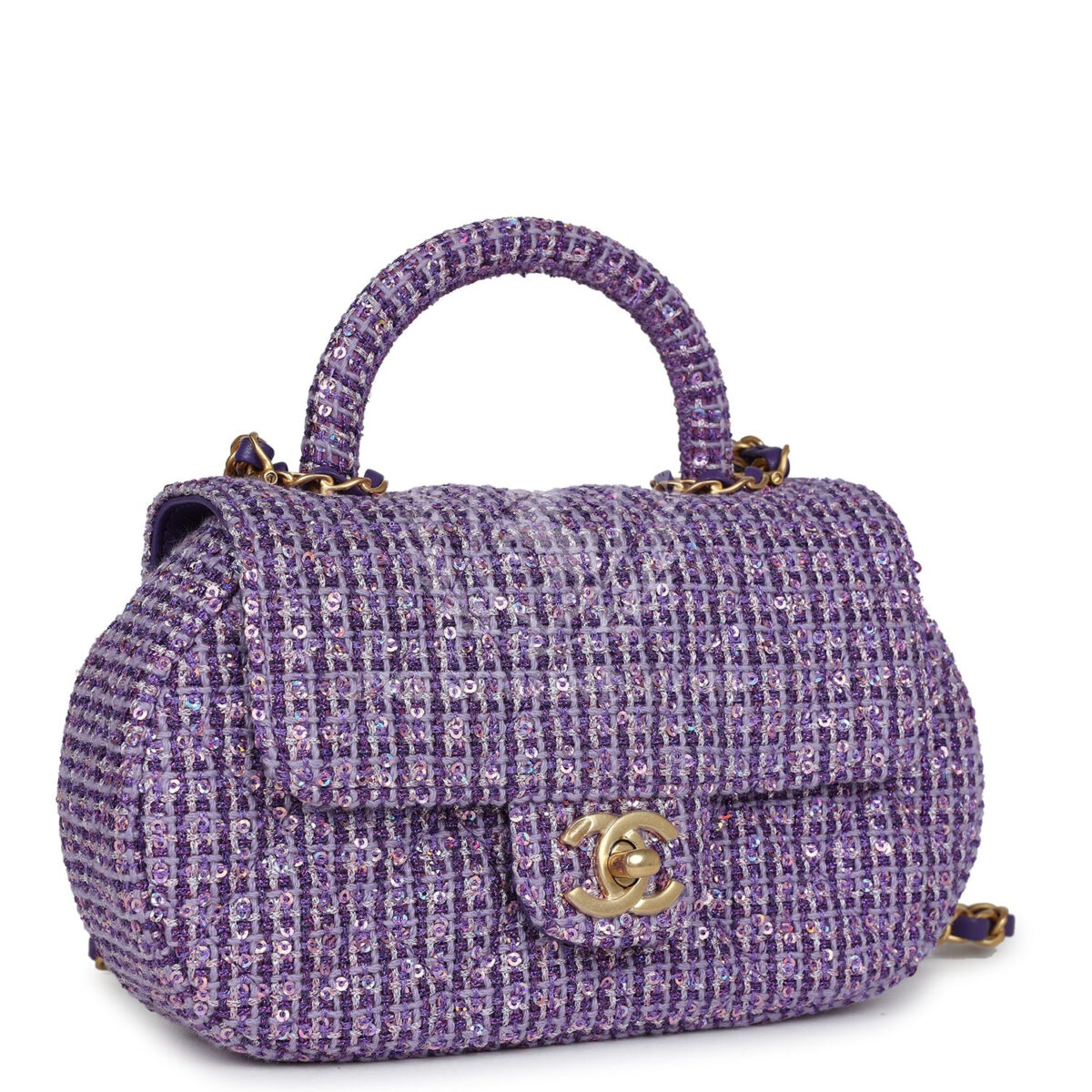 Chanel Mini Sequin Flap Bag with Top Handle Purple Tweed Antique Gold Hardware — изображение 2