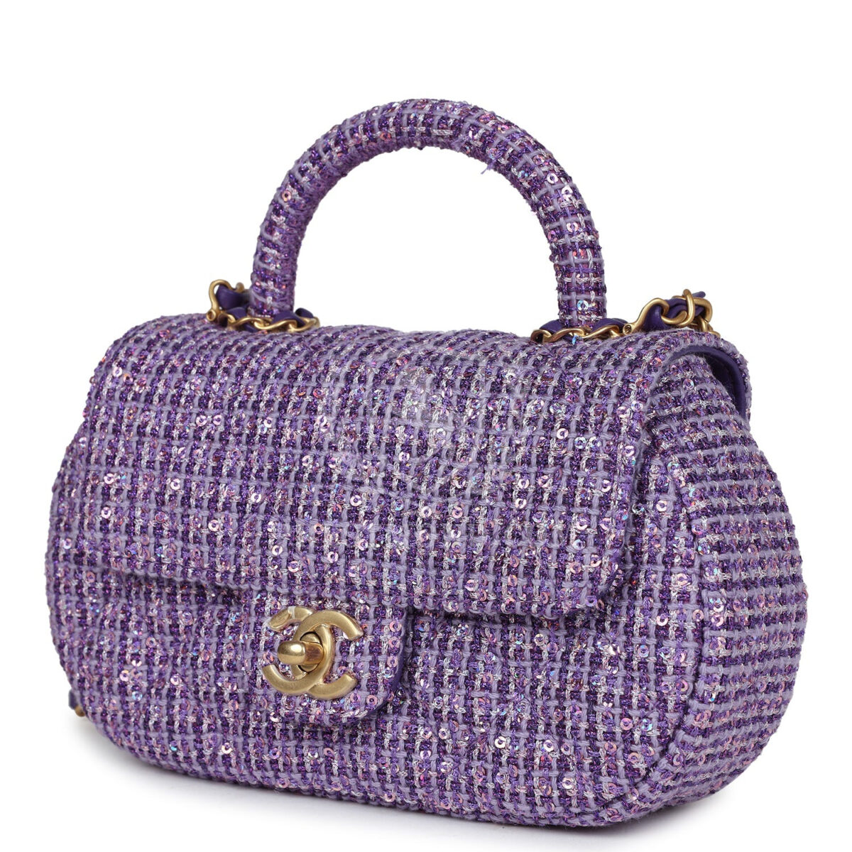Chanel Mini Sequin Flap Bag with Top Handle Purple Tweed Antique Gold Hardware — изображение 4