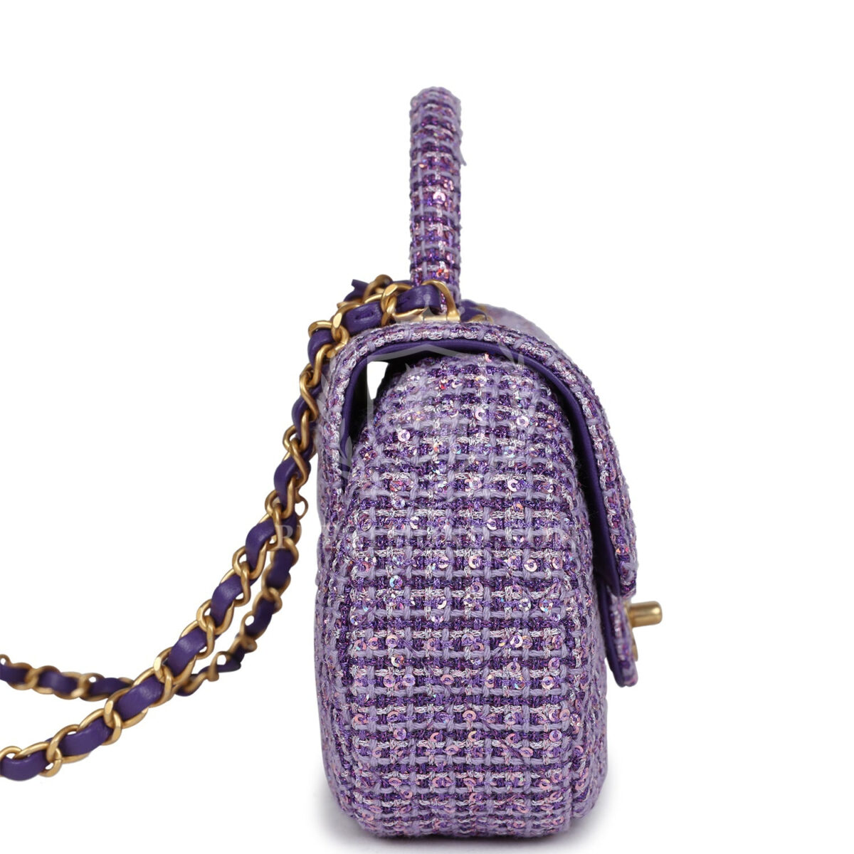 Chanel Mini Sequin Flap Bag with Top Handle Purple Tweed Antique Gold Hardware — изображение 3