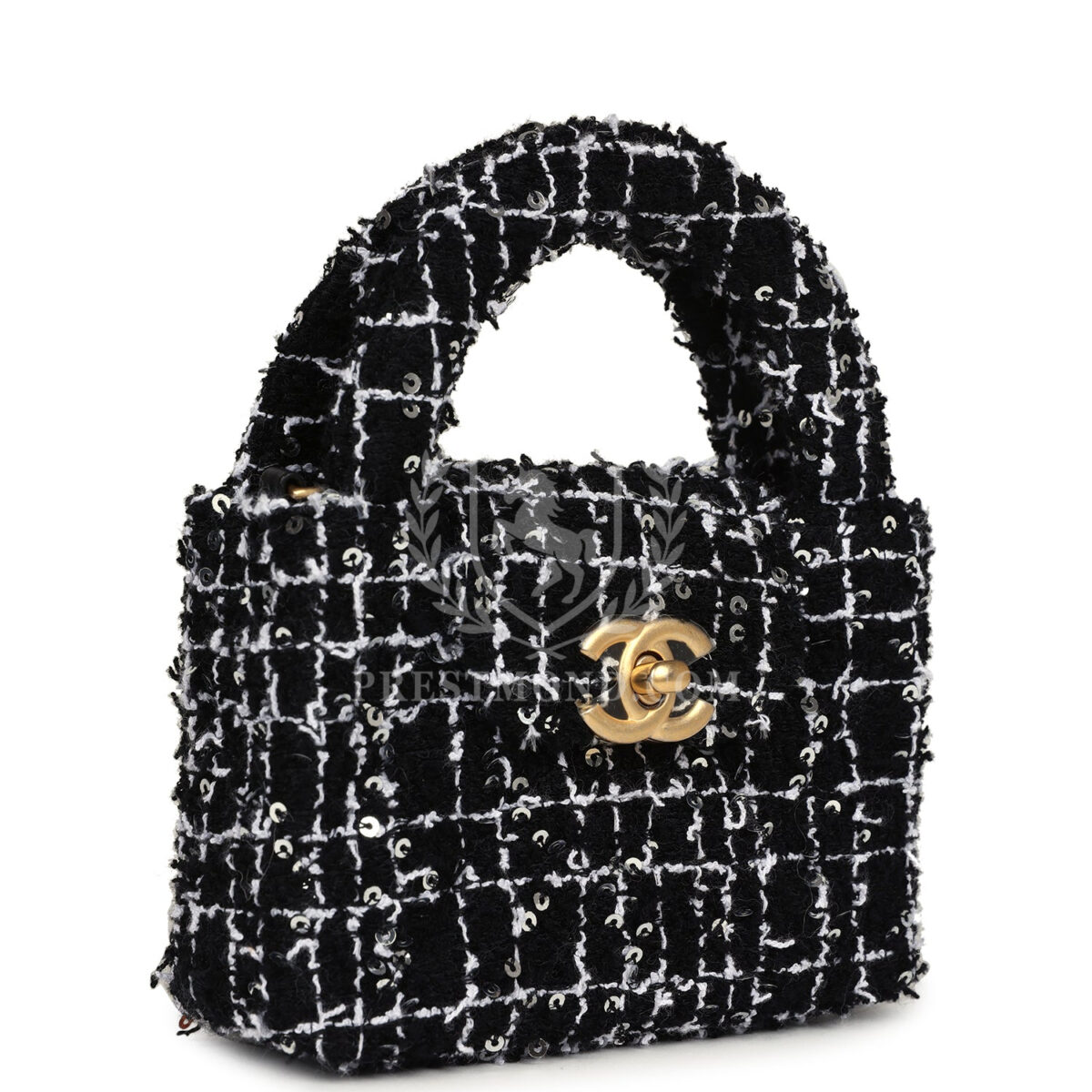 Chanel Nano Kelly Shopper Black, White & Silver Sequin Tweed Brushed Gold Hardware — изображение 2