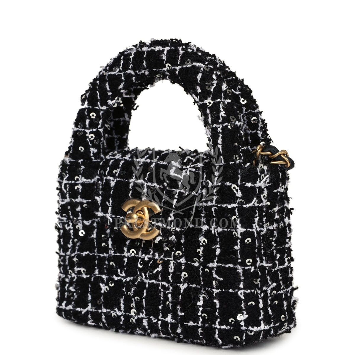 Chanel Nano Kelly Shopper Black, White & Silver Sequin Tweed Brushed Gold Hardware — изображение 5