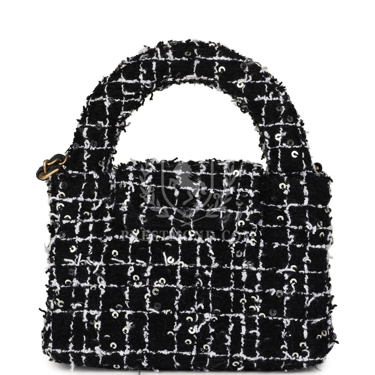 Chanel Nano Kelly Shopper Black, White & Silver Sequin Tweed Brushed Gold Hardware — изображение 4