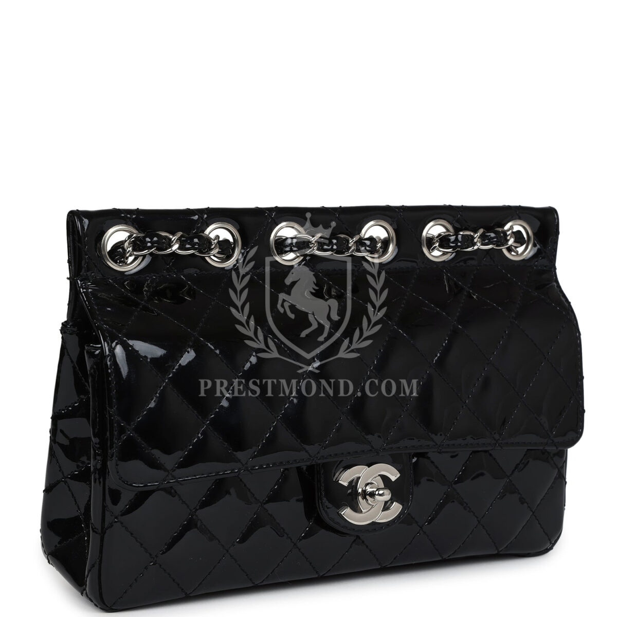 Vintage Chanel Chain Through Flap Bag Black Patent Silver Hardware — изображение 2