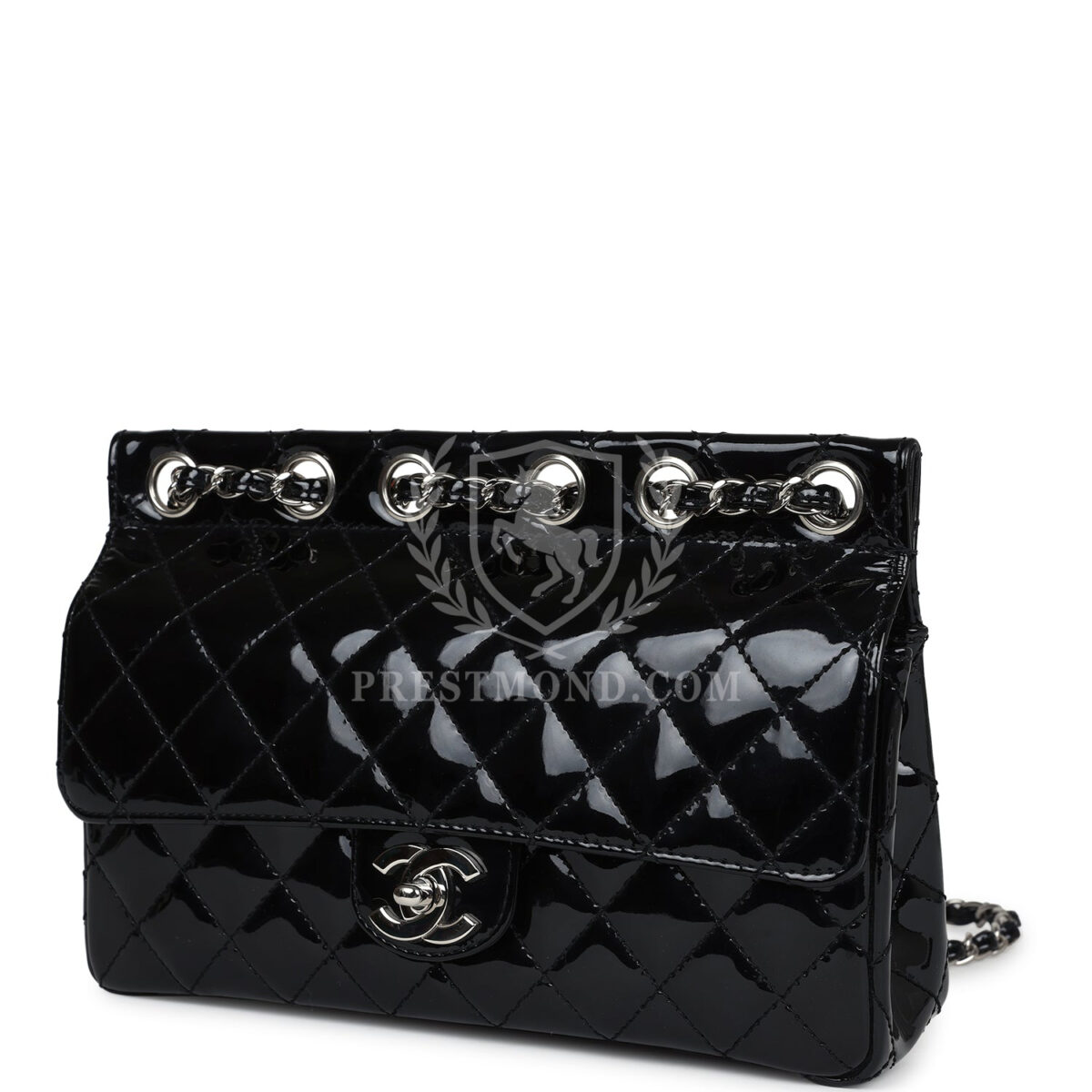 Vintage Chanel Chain Through Flap Bag Black Patent Silver Hardware — изображение 5