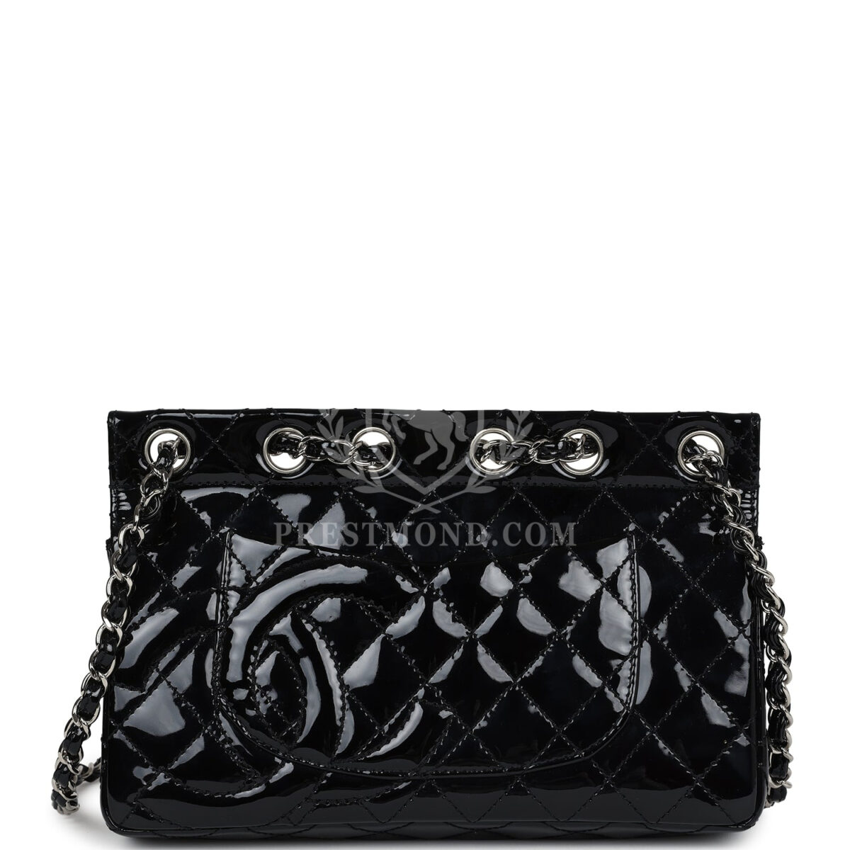 Vintage Chanel Chain Through Flap Bag Black Patent Silver Hardware — изображение 4