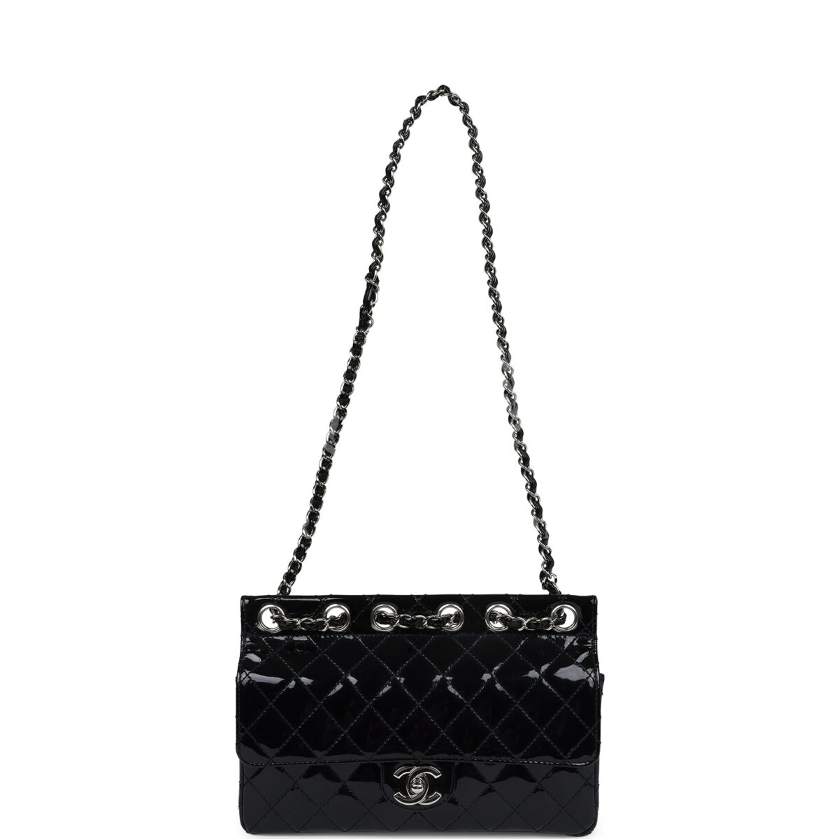 Vintage Chanel Chain Through Flap Bag Black Patent Silver Hardware — изображение 7