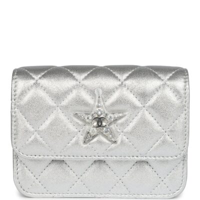 Chanel Crystal CC Walk Of Fame Clutch Wallet Silver Metallic Goatskin Silver Hardware
