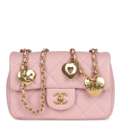 Chanel Mini Rectangular Flap Bag with Heart Chain Pink Lambskin Antique Gold Hardware