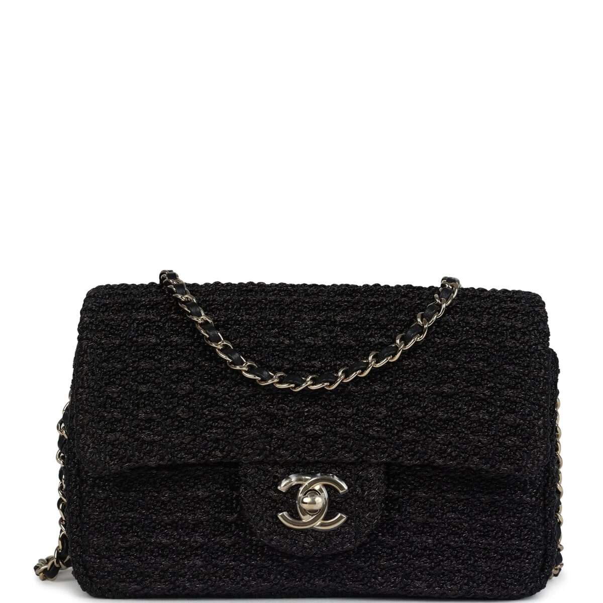 Chanel Mini Summer Nights Flap Bag Black Woven Patent Leather Light Gold Hardware