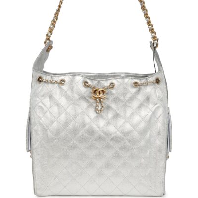 Chanel Medium 25 Hobo Bag Metallic Silver Caviar Antique Gold Hardware