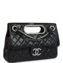 Chanel Large Double Flap Bag with Pearl Cut Out Handle Black Shiny Lambskin Black Hardware