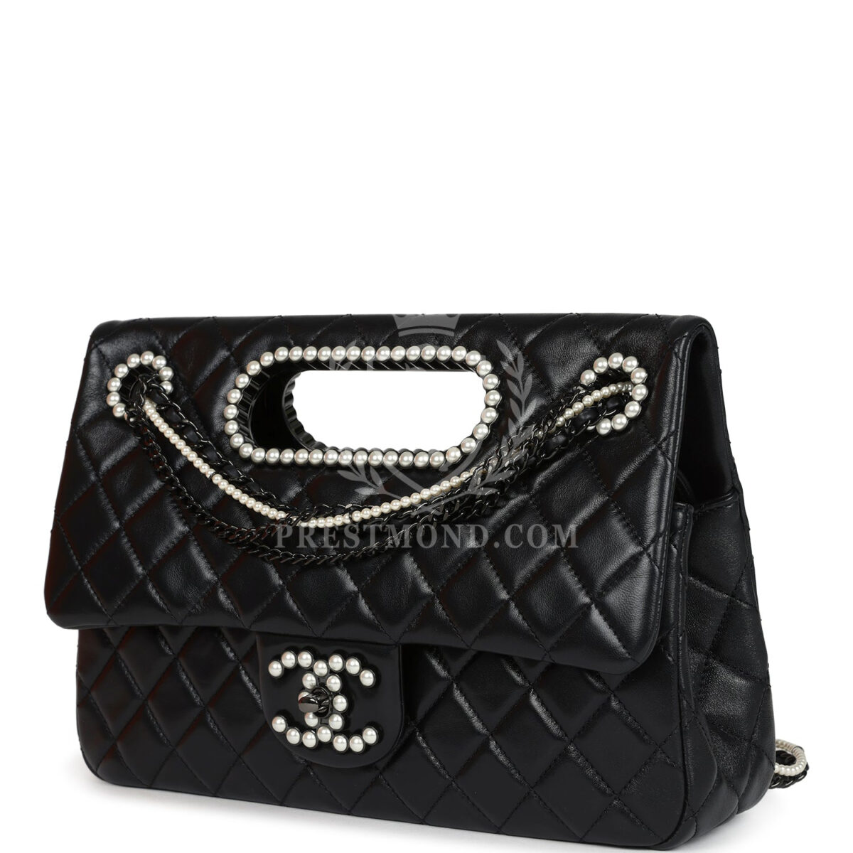 Chanel Large Double Flap Bag with Pearl Cut Out Handle Black Shiny Lambskin Black Hardware — изображение 5
