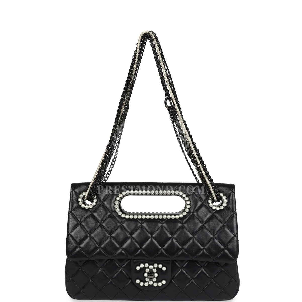 Chanel Large Double Flap Bag with Pearl Cut Out Handle Black Shiny Lambskin Black Hardware — изображение 7