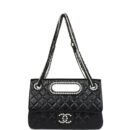 Chanel Large Double Flap Bag with Pearl Cut Out Handle Black Shiny Lambskin Black Hardware
