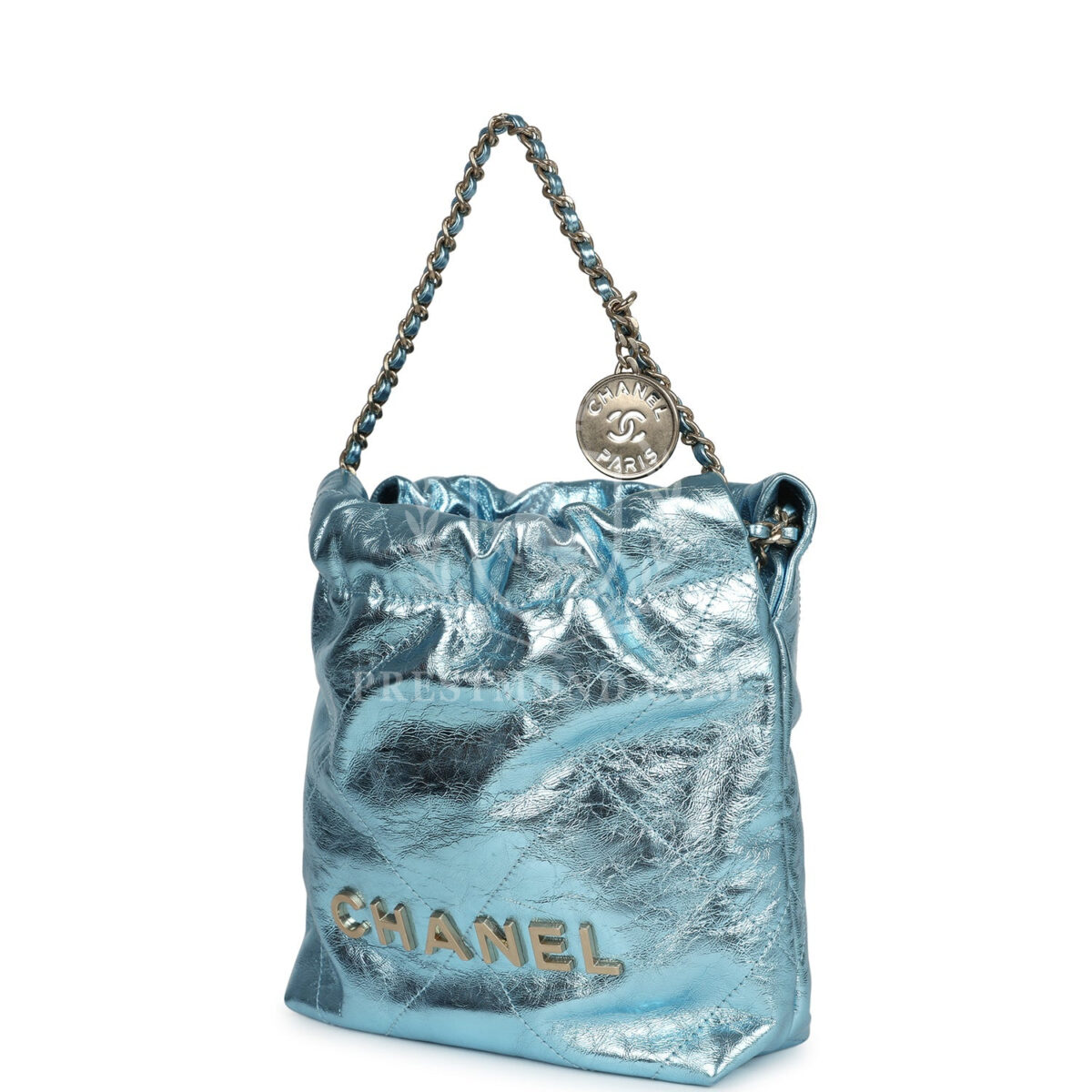 Chanel Mini 22 Bag Blue Metallic Calfskin Brushed Gold Hardware — изображение 5