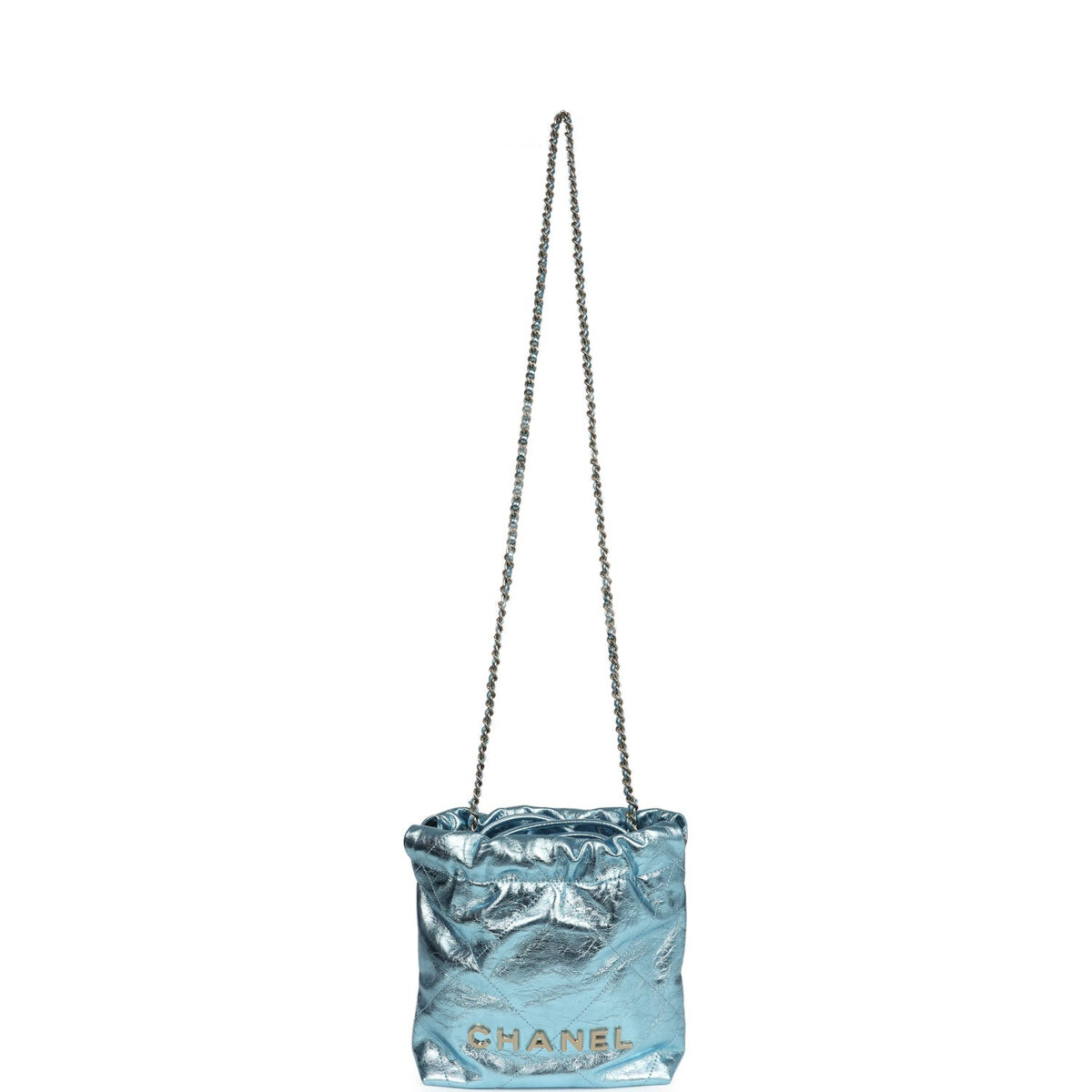 Chanel Mini 22 Bag Blue Metallic Calfskin Brushed Gold Hardware — изображение 7