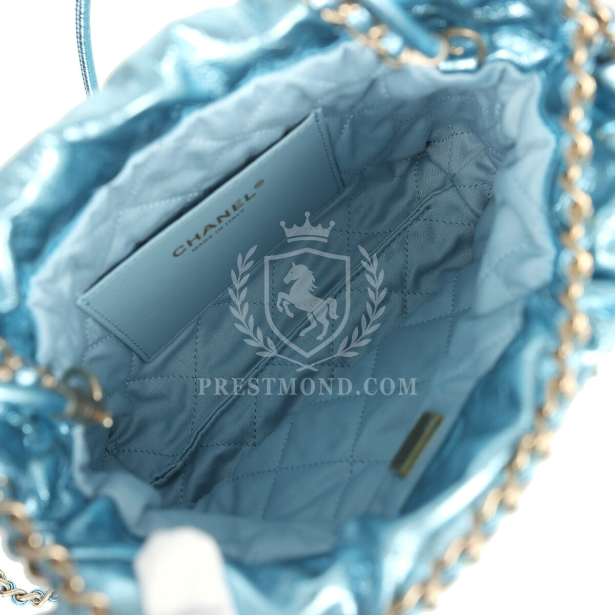 Chanel Mini 22 Bag Blue Metallic Calfskin Brushed Gold Hardware — изображение 9