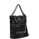 Chanel Mini 22 Bag Black Shiny Calfskin Brushed Silver Hardware