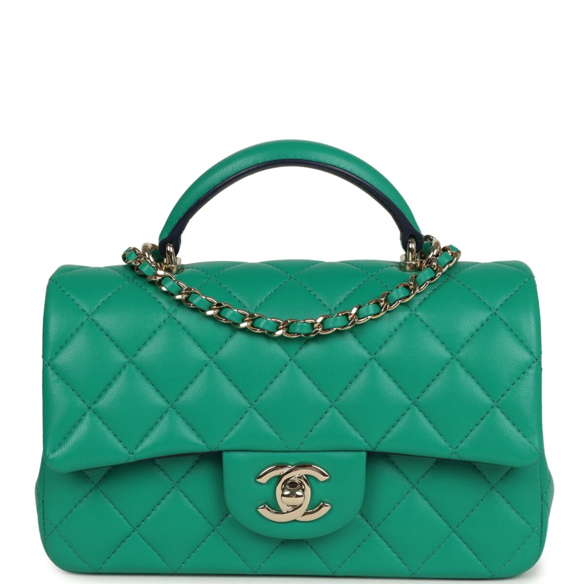 Chanel Classic Mini Rectangular Top Handle Flap Bag Green/Navy Blue Lambskin Light Gold Hardware