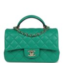 Chanel Classic Mini Rectangular Top Handle Flap Bag Green/Navy Blue Lambskin Light Gold Hardware