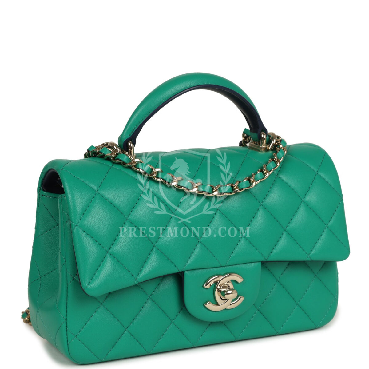 Chanel Classic Mini Rectangular Top Handle Flap Bag Green/Navy Blue Lambskin Light Gold Hardware — изображение 2