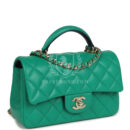 Chanel Classic Mini Rectangular Top Handle Flap Bag Green/Navy Blue Lambskin Light Gold Hardware