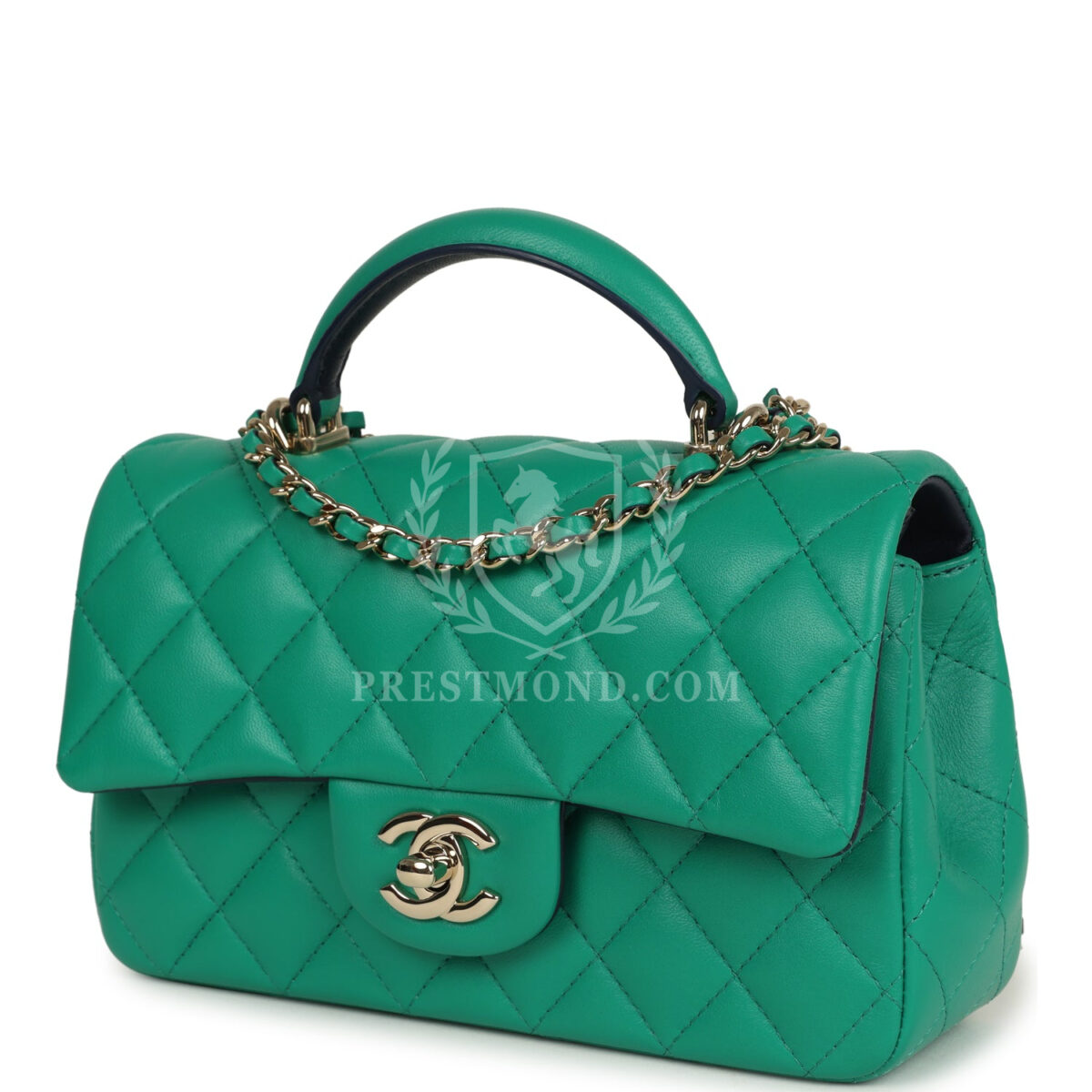 Chanel Classic Mini Rectangular Top Handle Flap Bag Green/Navy Blue Lambskin Light Gold Hardware — изображение 5