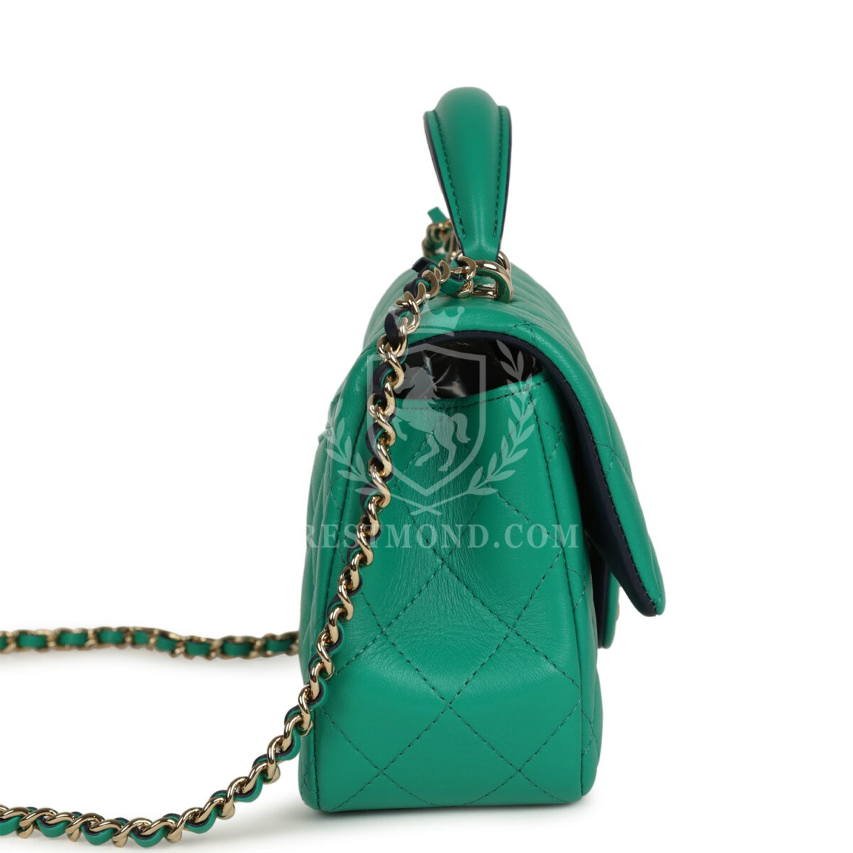Chanel Classic Mini Rectangular Top Handle Flap Bag Green/Navy Blue Lambskin Light Gold Hardware — изображение 3
