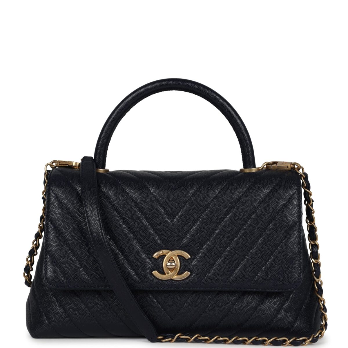 Chanel Medium Coco Top Handle Navy Blue Chevron Caviar Antique Gold Hardware