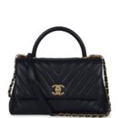 Chanel Medium Coco Top Handle Navy Blue Chevron Caviar Antique Gold Hardware