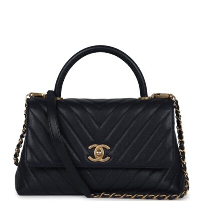 Chanel Medium Coco Top Handle Navy Blue Chevron Caviar Antique Gold Hardware