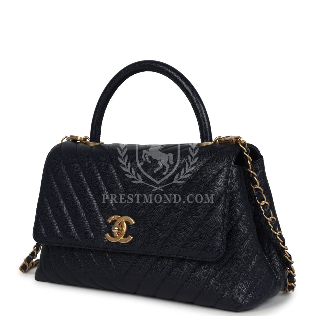 Chanel Medium Coco Top Handle Navy Blue Chevron Caviar Antique Gold Hardware — изображение 5