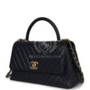 Chanel Medium Coco Top Handle Navy Blue Chevron Caviar Antique Gold Hardware