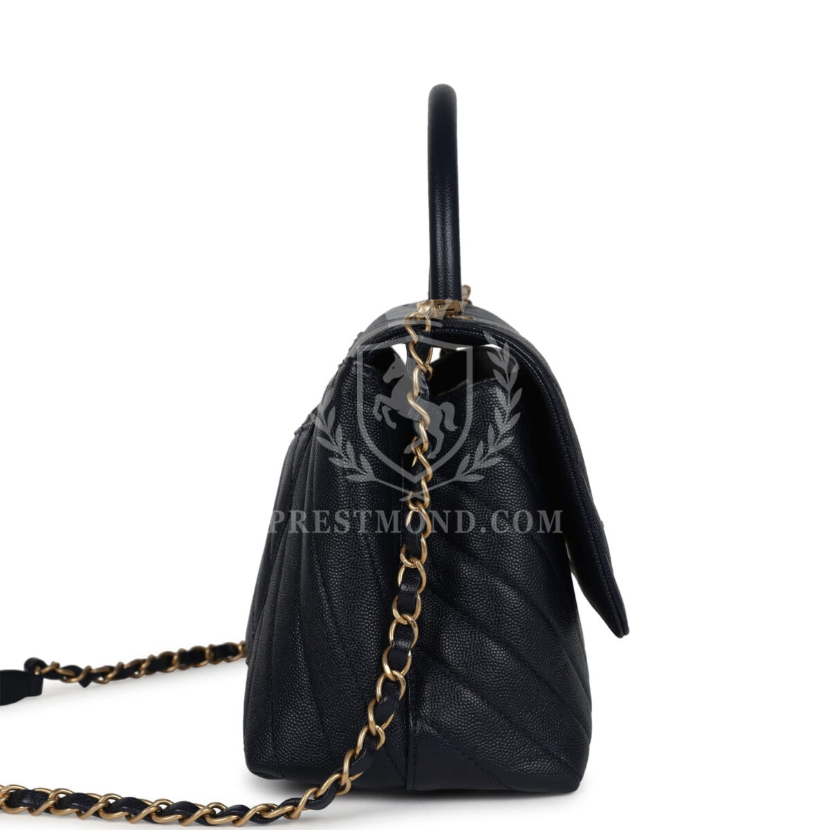 Chanel Medium Coco Top Handle Navy Blue Chevron Caviar Antique Gold Hardware — изображение 3