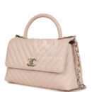 Chanel Medium Coco Top Handle Flap Bag Light Beige Chevron Caviar Light Gold Hardware