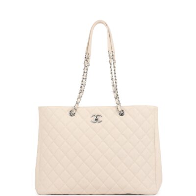 Chanel Large Classic CC Shopping Tote Bag Light Beige Caviar Silver Hardware